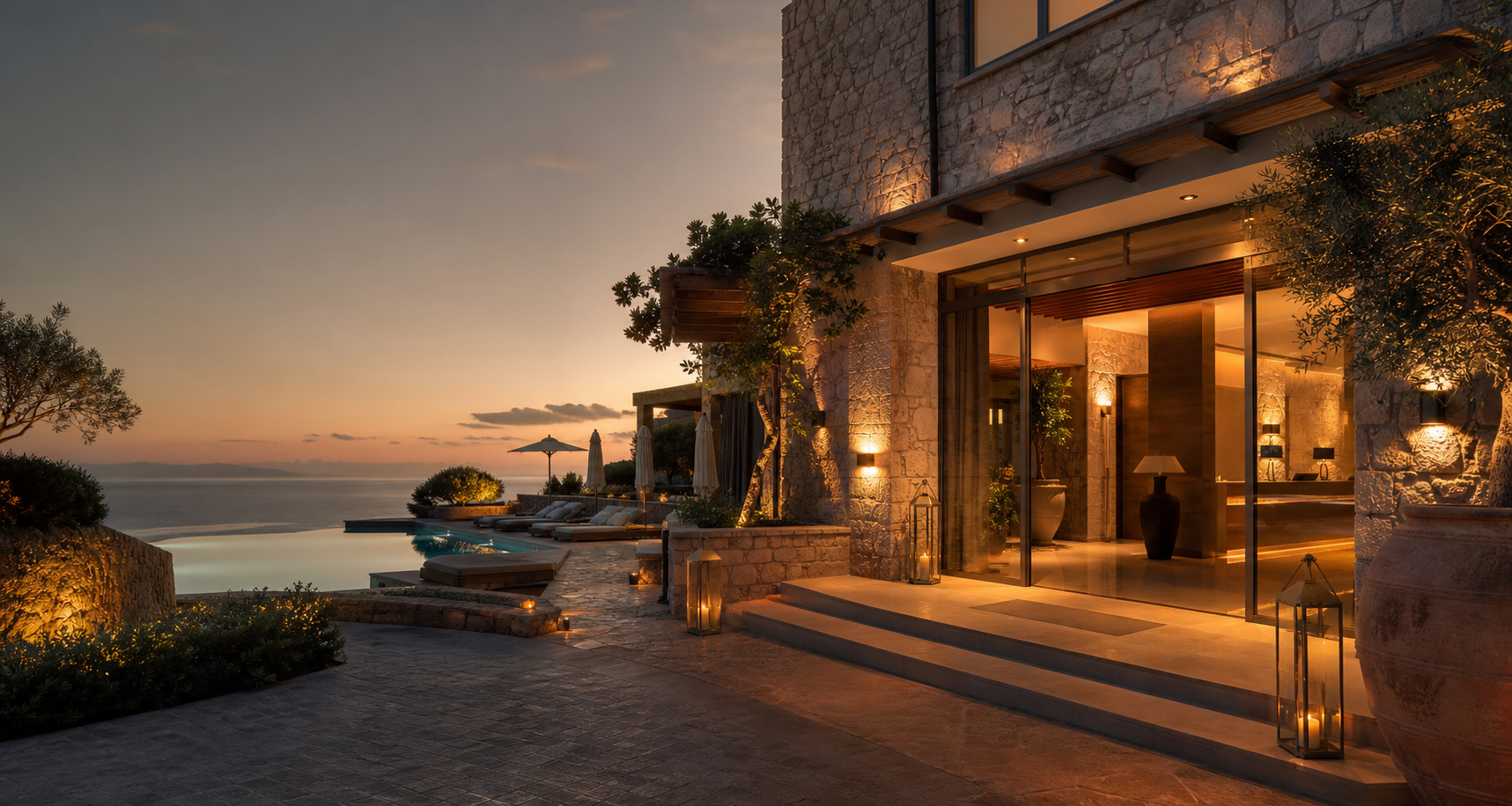 Golden hour view of Aktan Hotel with a pool terrace and sea horizon
